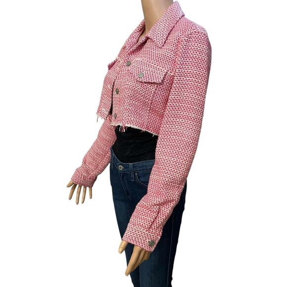 Zara Tweed Cropped Jacket Small Cutoff Frayed Coquette Pink White Preppy Button - Picture 3 of 7